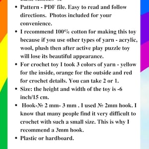 May include: Crochet pattern instructions for making a plush toy. The pattern includes directions for using 100% cotton yarn, and suggests using a 2 mm or 3 mm crochet hook. The finished toy measures 6 inches or 15 cm in height and width.