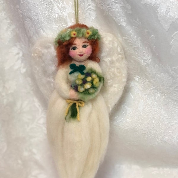 10" Irish Angel Hanging Ornament, Needle Felted Wool Art Doll, 100% Wool with Hand-dyed Colors by Elsa Jo Ellison, Ready to Send