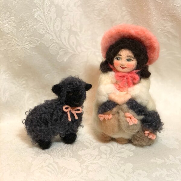 6" Baa Baa Black Sheep Shepherdess with Black Sheep, Needle Felted Wool Art Doll with Mohair Lamb by Elsa Jo Ellison Ready to Ship