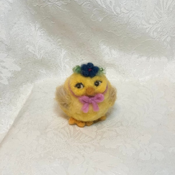 3" Needle Felted Chick with Blue Flower, Easter Baby Pet, 100% Wool Hand Dyed by Artist Elsa Jo Ellison, Ready to Ship