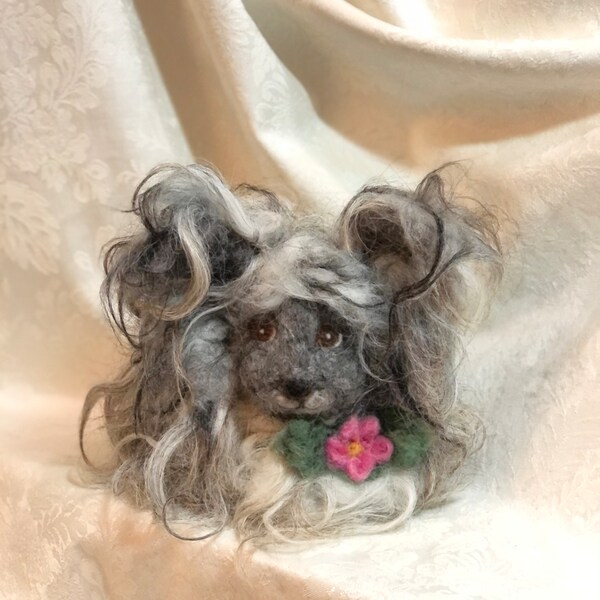 7" Gray Angora Rabbit, Needle Felted Shaggy Icelandic wool Bunny with Flower 100% wool by Elsa Jo Ellison, Ready to ship