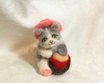 3.75" Summer Seaside Kitty with Sand Pail, Needle Felted 100% Wool Art Cat by Elsa Jo Ellison, Ready to Ship