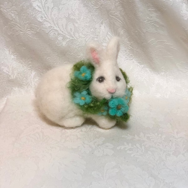 4.5" White Bunny with Blue Flower Garland, Needle-felted Natural White Ellison Sheep Farm Wool Rabbit by Elsa Jo Ellison, Ready to ship