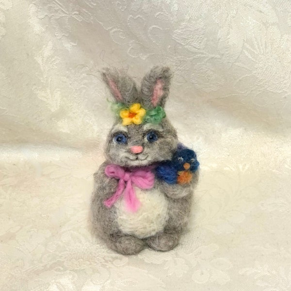 5" Bunny with Bluebird, Small Needle Felted Wool Rabbit of Natural Gray Ellison Sheep Farm Wool by Elsa Jo Ellison, Ready to ship