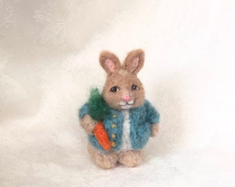 4.25" Peter Rabbit with Hand Dyed Jacket and Carrot, Needle Felted by Artist Elsa Jo Ellison,  Ready to ship