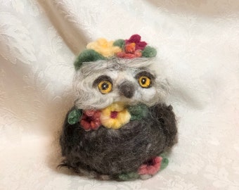 5.5"  Mohair Owl with Flowers, Spring Mohair and Icelandic Wool Art Bird Needle Felted by Elsa Jo Ellison, Ready to ship