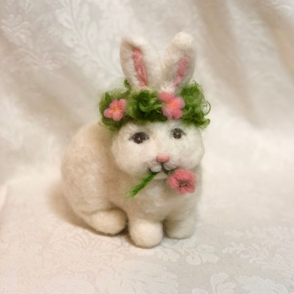 6.5" White Bunny with Pink Flower Garland, Needle-felted Natural White Ellison Sheep Farm Wool Rabbit by Elsa Jo Ellison, Ready to ship