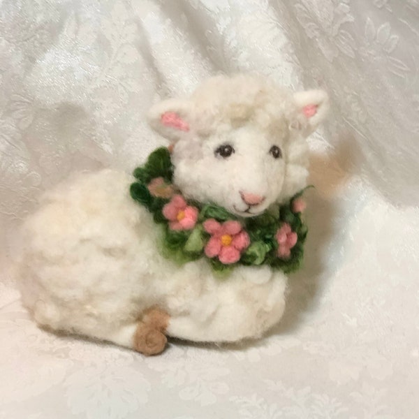 7" X 8.5" Lamb With Pink Flower Garland by Elsa Jo Ellison, Needle Felted Ellison Sheep Farm Wool With hand dyed colors, Ready to ship