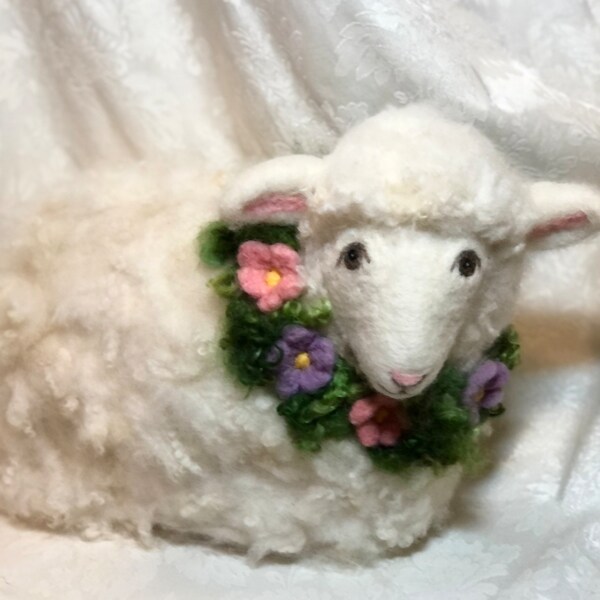 Extra Large Sheep with Flower Garland, 11.5" x 17" Needle Felted Ellison Sheep Farm Wool Spring Easter Ewe by Elsa Jo Ellison, Ready to ship