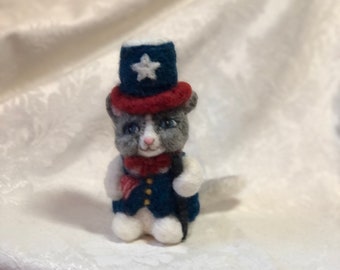 5" Patriotic Kitty, Uncle Sam Red White and Blue Cat, 4th of July 100% Wool Needle Felted Pet by Elsa Jo Ellison, Ready to Ship