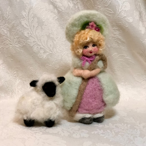7" Little Bo Peep with her Sheep Art Doll, Needle Felted Wool Shepherdess & Lamb Set by Elsa Jo Ellison Ready to Ship