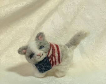 3.25" Patriotic Pet, 4th of July Cat with Red White and Blue Bandana, 100%Wool Kitty Needle Felted by Elsa Jo Ellison, Ready to Ship