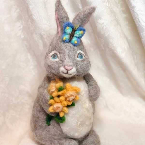 14" Large Daffodil Bunny with Blue Butterfly, Needle Felted Rabbit, Light Gray Ellison Sheep Farm Wool by Elsa Jo Ellison, Ready to ship