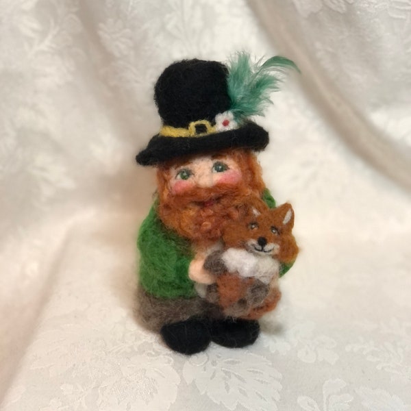 6.5" Leprechaun with Fox, Needle Felted Wool Irish Art Doll with Beard for St. Patrick's Day  by Elsa Jo Ellison, Ready to Ship