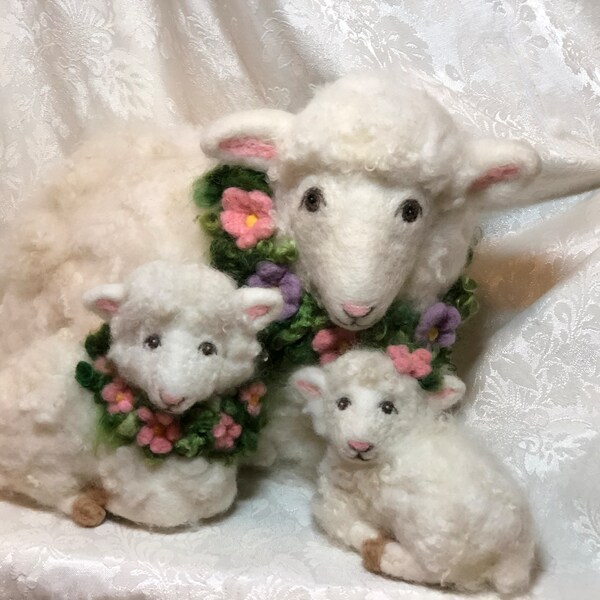 5" X 7" Lamb With Pink Flower by Elsa Jo Ellison, Needle Felted Ellison Sheep Farm Wool With hand dyed colors, Ready to ship