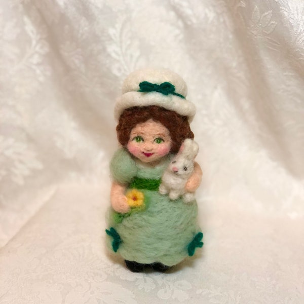 6.5" Girl with Bunny, Irish Art Doll with Rabbit, Red Haired, Green eyed,Hand-dyed Needle Felted Wool by Elsa Jo Ellison, Ready to ship