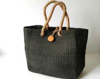 Large Black WOVEN Sisal RAFFIA Jute Market Bag Handbag Purse