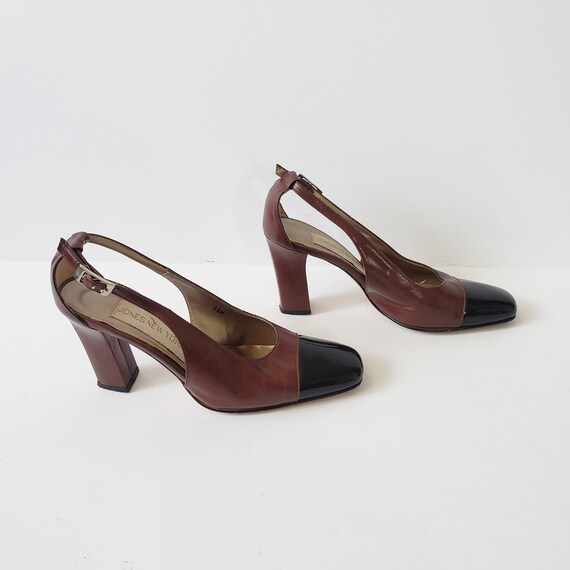 1990s Brown Leather and Black Vinyl SLINGBACK Hee… - image 5