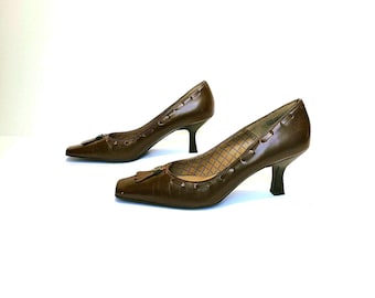 Y2K Brown Leather ETIENNE AIGNER Woven TASSLE Pumps Size 10