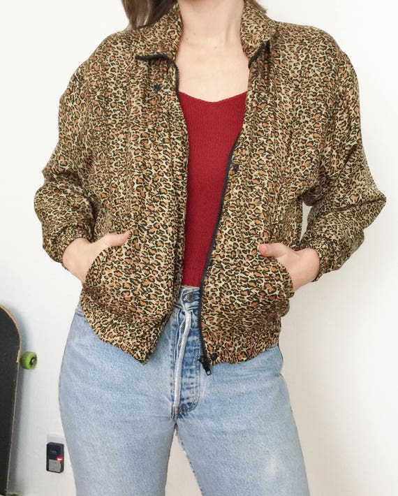 80s 90s LEOPARD Print Lightweight SILK Track Jack… - image 1