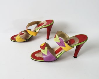 1970s Multi-Color Bright Slip On Sandals Size 7