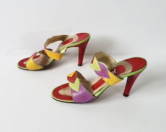 1970s Multi-Color Bright Slip On Sandals Size 7