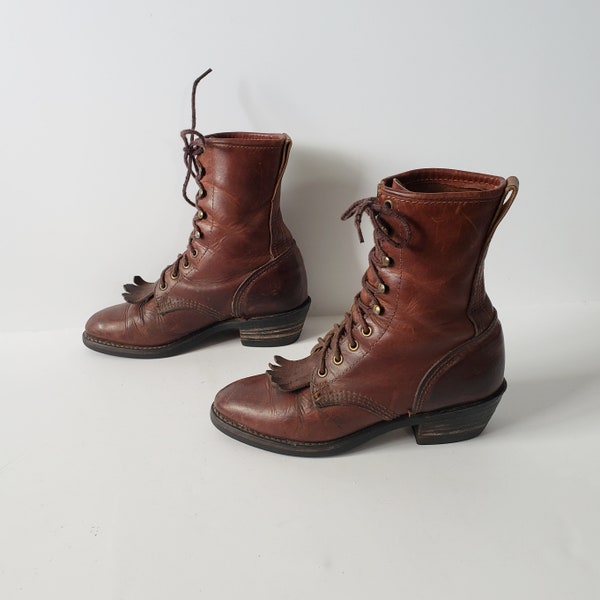 Chocolate Brown JUSTIN-Style Stacked Leather Ankle Combat Boots with FRINGE TONGUE Size 8/8.5