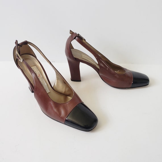 1990s Brown Leather and Black Vinyl SLINGBACK Hee… - image 4