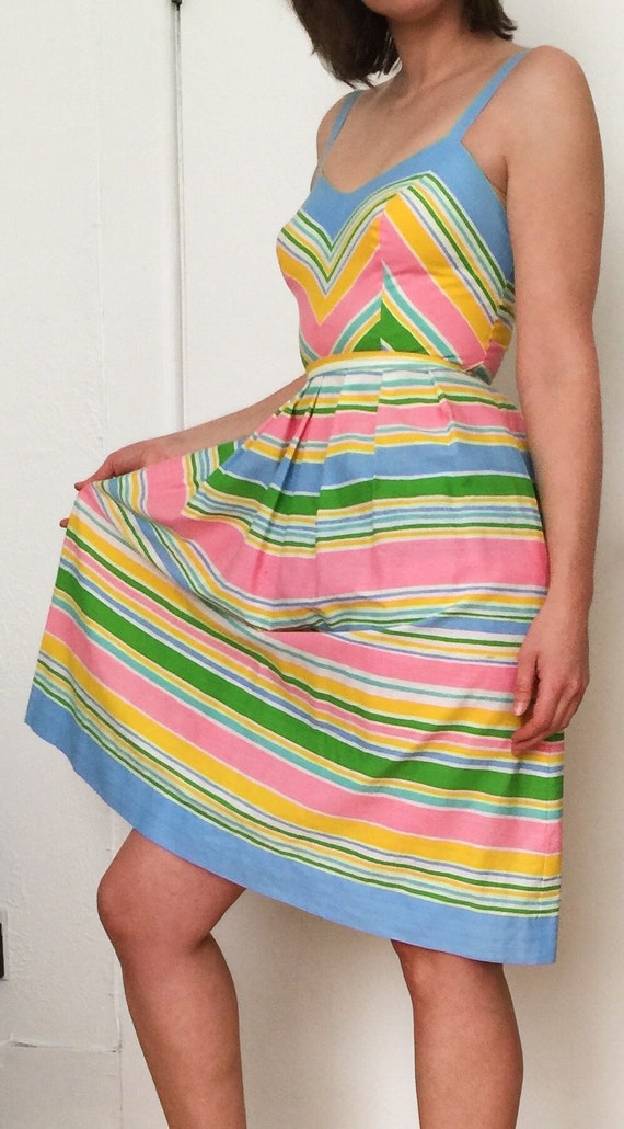 Bright Blue Green Yellow Pink STRIPED 70s 80s Cott