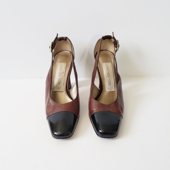 1990s Brown Leather and Black Vinyl SLINGBACK Hee… - image 3