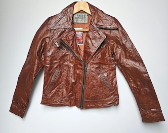 Red Brown 1970s LEATHER BIKER Motorcyle Jacket Made in USA