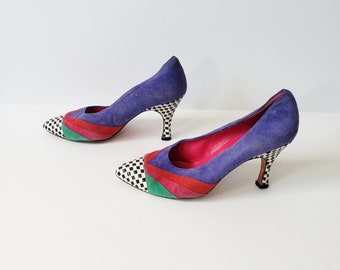 1980s Bright Multi-Color Leather CHECKERBOARD Donald J Pilner Pumps Size 6