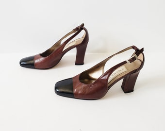 1990s SLINGBACK Pumps aus braunem Leder und schwarzem Lack Gr. 6.5
