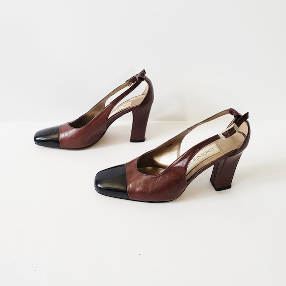 1990s Brown Leather and Black Vinyl SLINGBACK Hee… - image 1