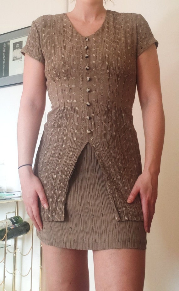 1990s Beige Tan EYELET Button Down Dress