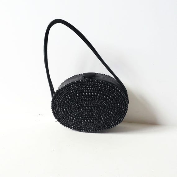 Y2K Tiny MINI Black BEADED Hard Shell Evening Bag… - image 1