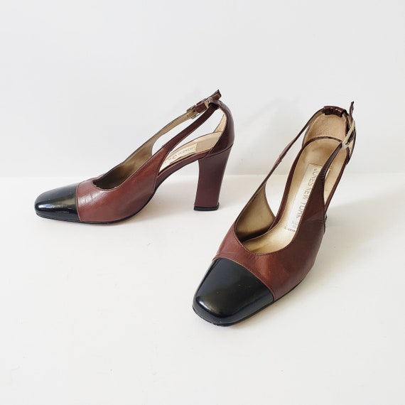 1990s Brown Leather and Black Vinyl SLINGBACK Hee… - image 2