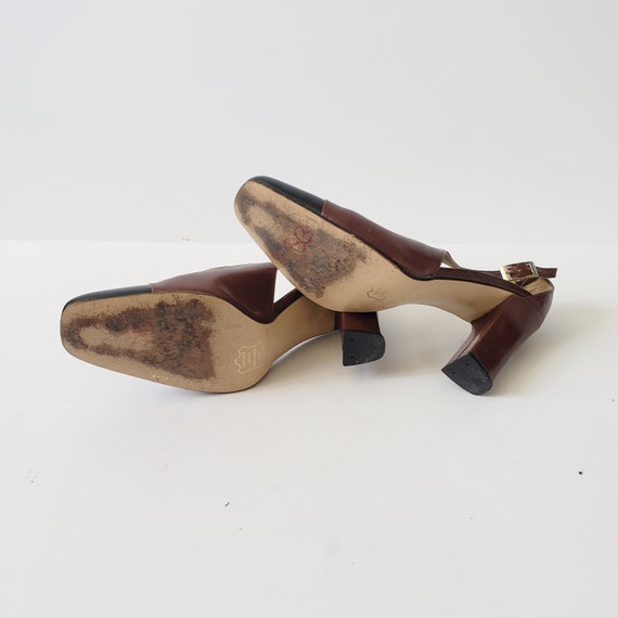 1990s Brown Leather and Black Vinyl SLINGBACK Hee… - image 7