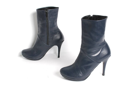 1980s STILETTO Navy Blue Leather PLATFORM Boots Si