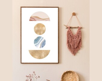 Geometric Shapes, Abstract Art Print, Modern Minimalist Art Poster, Agate Moon Crescent Art Poster, Gold Elements Art Poster, Half Circles