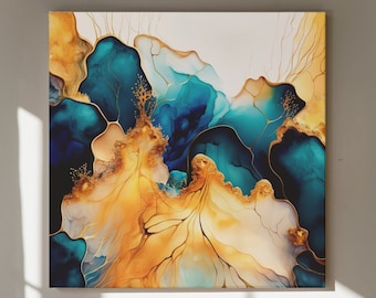 Toile d'art d'or liquide, palette de couleurs côtières, aquarelle d'or et de sarcelle, art d'encre d'alcool, toile d'art fluide, art d'océan, décor à la maison moderne