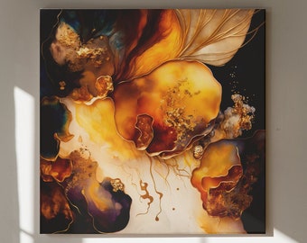 Toile abstraite d'ambre liquide, palette d'or chaud, art de peinture renversé, art d'encre d'alcool, toile d'art fluide, art rêveur, décor à la maison moderne