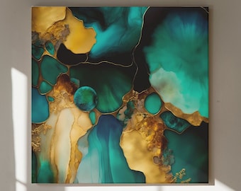 Toile émeraude liquide, palette de couleurs riches, aquarelle dorée et verte, encre à alcool, toile d'art fluide, art rêveur, décoration de maison de luxe moderne