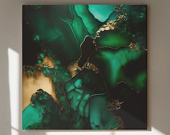 Toile d'art Moody Emerald, Palette de couleurs riches, Aquarelle dorée et verte, Encre à alcool, Toile d'art fluide, Art rêveur, Décoration de maison de luxe moderne