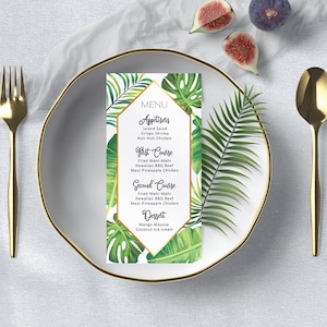 Tropical Menu Card, Green Palm Leaves Design, Tropical Paradise Theme, Hawaiian Tiki lunch menu, Jungle Party theme, TBS