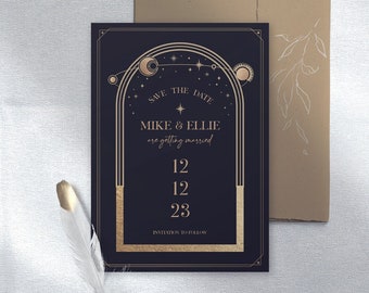 May include: A navy blue wedding invitation with gold foil accents, featuring celestial designs and the text "SAVE THE DATE". The invitation includes the names "MIKE & ELLIE" and the date "12 12 23". A kraft paper envelope and a white feather are also present.