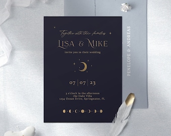 Minimalist Celestial Invitation, Black & Gold Invite, Moon and Stars Theme, Moon Phases, Under the Stars Union, Dark Moody Wedding