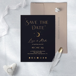 Minimalist Celestial Save the Date, Black & Gold Invite, Moon and Stars Theme, Moon Phases, Under the Stars Union, Dark Moody Wedding