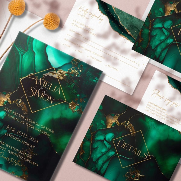 Emerald Green Wedding Invitation Suite, Jade Wedding, Geode Invitation, Green and Gold Invitation Set, Jewel Tone Wedding, Verde
