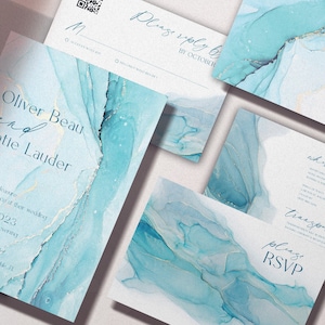 Azure Wedding Suite, Modern Coastal Wedding, Destination Wedding, Teal Watercolor, Blue Ocean Waves Invitation, Turquoise & Gold Theme